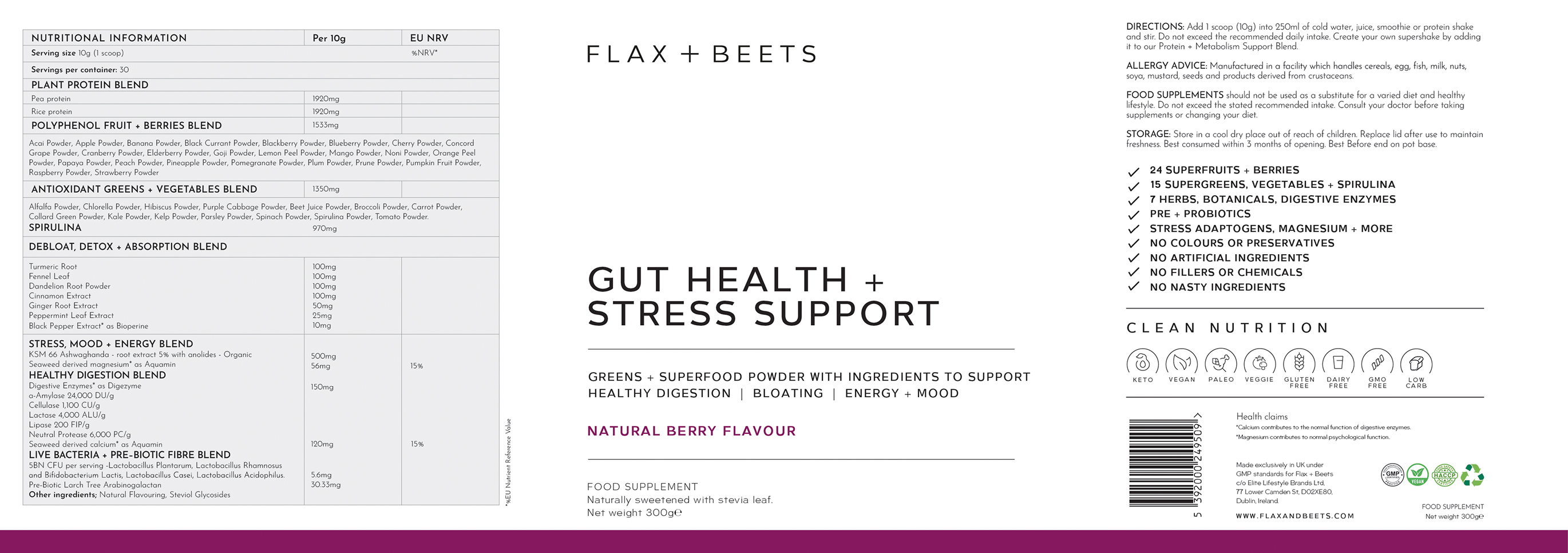 Flat label artwork for the gut health and stress support packaging