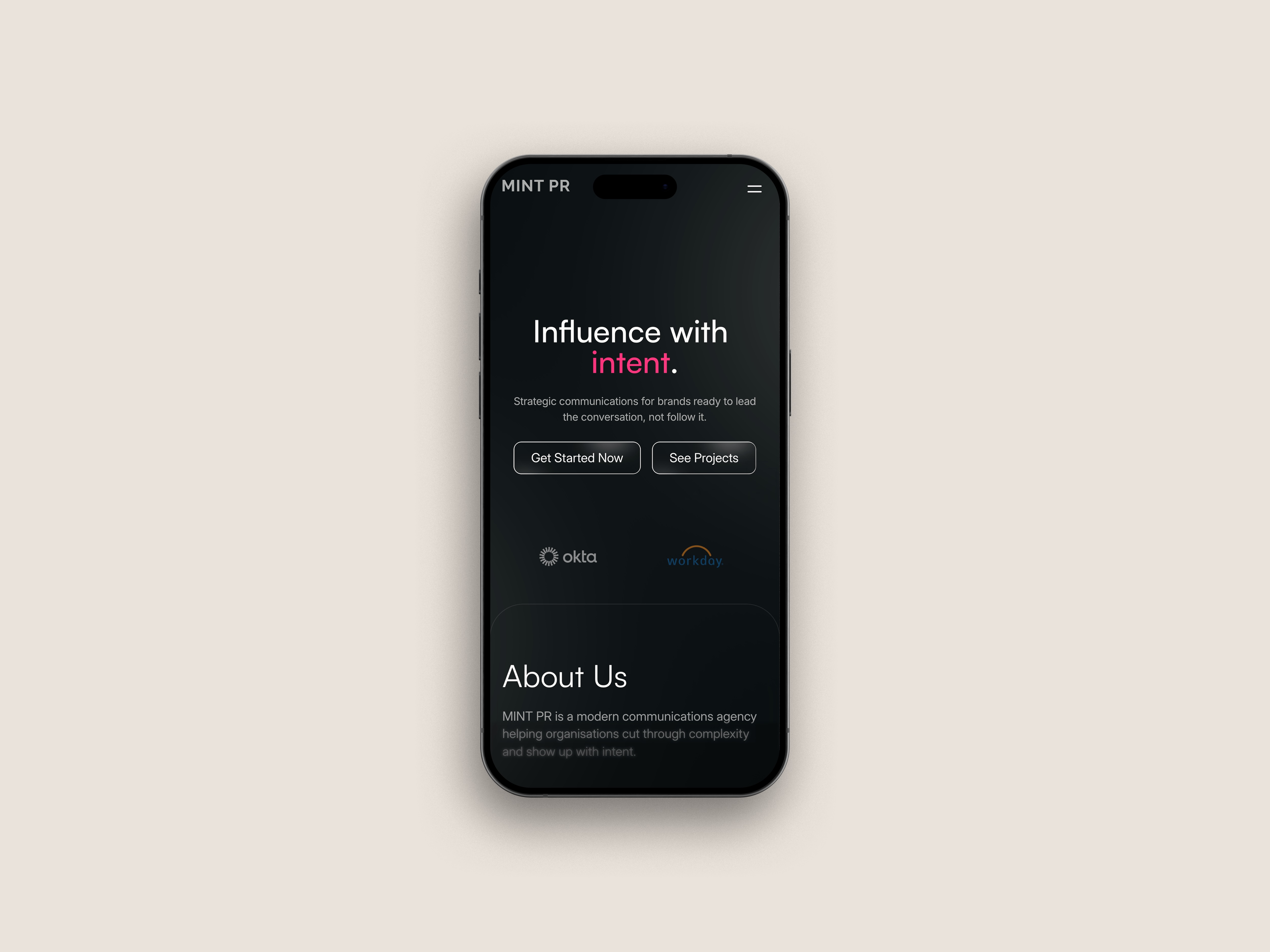 MINT PR website homepage shown on a mobile screen
